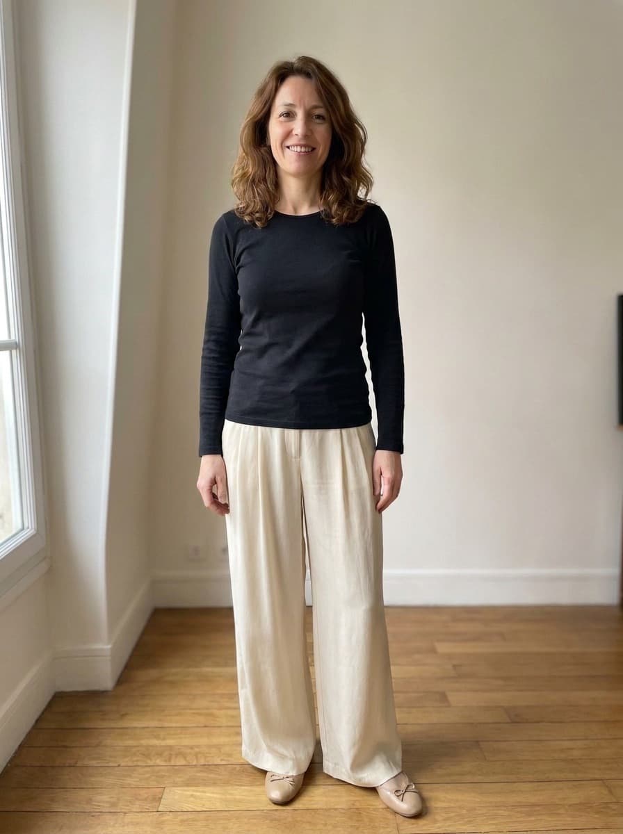 Essai : Pantalon large crème (image virtuelle)
